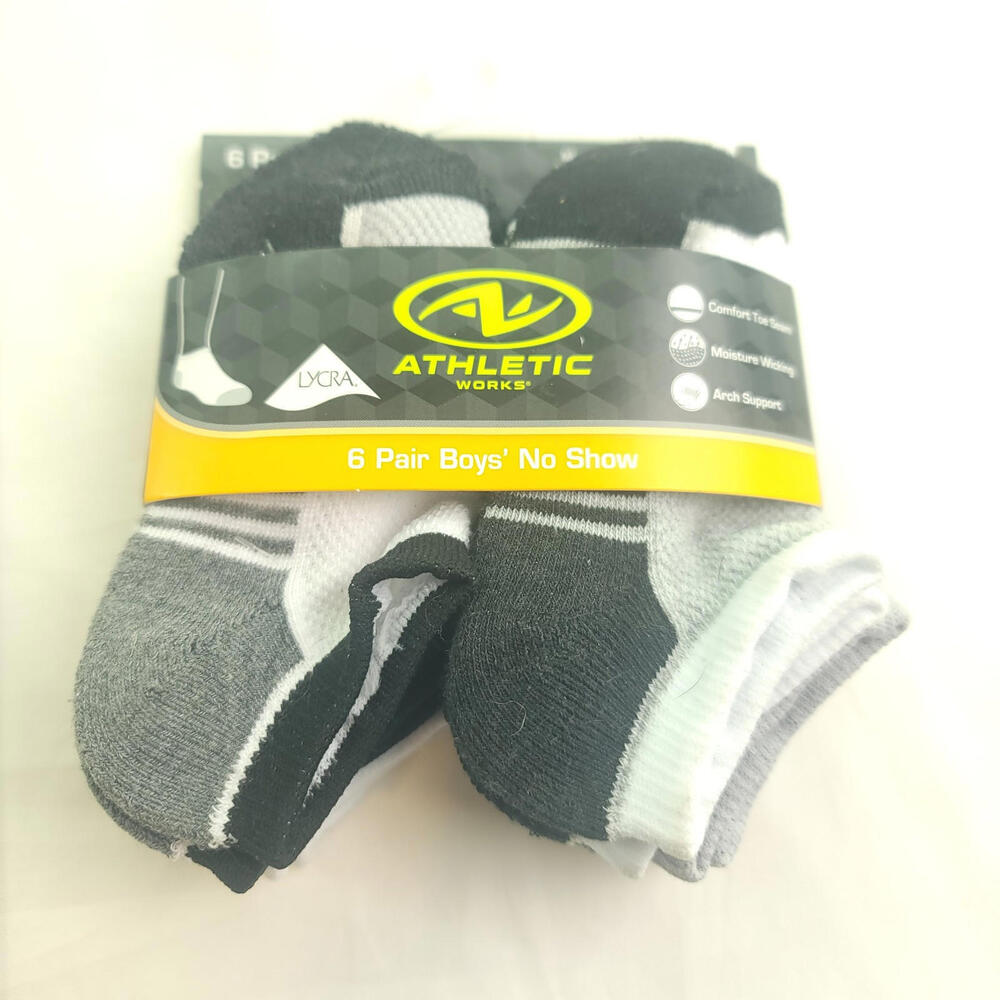 Athletic Works Boys 6 Pair No Show Socks - 852389 - Small 4.5-8.5